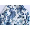 Style chinois femmes bleu et blanc impression chemises mode dames col rabattu hauts Streetwear femme Chic Blouses 210430