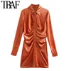 TRAF Femmes Chic Mode Plissée Velours Mini Robe Vintage Manches Longues Bouton-up Robes Femelles Robes Mujer 210415