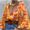 Off Shoulder Both Sleeve Bluzki Backless Koszule Kobiety Lace Up Orange V-Neck Woven Women Summer Streetwear 210514