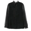 Ruffle Bottoming Blouse Shirts See through Top Women Sexy Chiffon Long Sleeve black 620i 210420