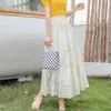 Skirts White Tulle Women Pleated Jupe Longue Flower Lace Summer 2022 Elegant Female Elastic High Waist Mesh Midi Skirt