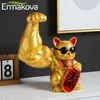 ERMAKOVA Muscle Arm Lucky Fortune Cat Figurine Golden Resin Crafts Living Room Cute Animal Statue Sculpture Home Decor Gift 210811