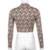Brązowy Kwiatowy Z Długim Rękawem Cardigan Kobiet Koszula Wiosna Moda Bluzki Vintage Turn Down Collar Slim Crop Tops Kobieta 210415