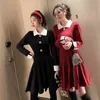 Fransk färg-block lapel stickad klänning kvinnors höst och vinter asymmetrisk pläterad nedbrytning krage kontor dam 210416