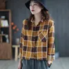 Spring Women Loose Long Sleeve Fickor Design Blus Singel Breasted Turn-Down Krage Plaid Bomull Linen Casual T Shirts W92 210512