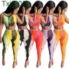 Mulheres Duas peças Calças de desenhista Correstsuits Slim Sexy Sem Mangas Cologlas Leggings Casual Malha Costura De Cor Irregular Plus Size Sportwear