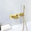 ハンドヘルドブラック/ブラシゴールド真鍮の浴室Hと冷たいバスタブの蛇口をタップデュアルハンドルの壁に取り付けられた滝