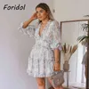 Robe à manches longues à imprimé floral pour femmes, col en V profond, plage, dos nu, mini court, automne, vacances décontractées, boho 210415