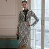 winter Sexy SUit 2 piece ladies Korea LOng Sleeve elegant print bow neck formal business Office party midi skirt set for women 210602