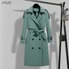 Ftlzz automne d'automne Elegant Elegant Femmes Trench Double Breasted Solid Trench Coat Vintage Collier Tour-Down chaud avec ceinture 211021