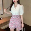 Summer 2 Piece Set Women Casual Puff Sleeve Shirt Blouse + Floral Mini Bodycon Skirt Sets Holiday Female Streetwear Suits 210514