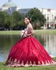 Graceful Long Sleeves Ball Gown Quinceanera Dresses Off The Shoulder Neck Lace Appliqued Prom Gowns Sweep Train Tulle Sweet 15 Masquerade Dress