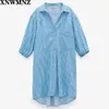 Za Dress Women's Striped Long Mid-Calf Loose Shirt Blus Klänning Höstknapp Straight Fashion Women Puff Sleeve 210510