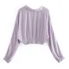 Romantica camicia corta lavanda adatta a vita alta pantaloncini a gamba larga donna camicetta a maniche lunghe allentata con intaglio top 2 pezzi set 210429