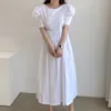 コレヒパアの女性のドレス夏の韓国のファッションシックなエレガントなソリッドな瞬間オープンバックレースアップ蝶ネクタイウエストバブルスリーブドレス210526