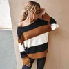 Casual Patchwork tricot pulls femmes pull rayure automne hiver mode pull col rond femmes pulls tricotés 210514