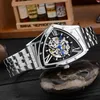 Mode Hohl Skeleton Uhr Männer Dreieckige Uhren Edelstahl Automatische Mechanische Förderung Preis Drop Armbanduhren