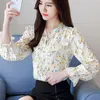 Autumn Fashion Chiffon Blouses Long Sleeve V-neck Tops Casual Bow Printed Women Clothing Office Lady 5522 50 210415