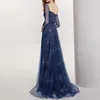 Stunning Navy Blue Evening Dress 3/4 Long Sleeves V and Zipper Back Sweep Train Prom Gowns Tulle with Beading