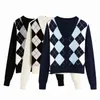 Vintage plaid bijgesneden vest vrouwen herfst winter check streetwear chic korte trui gebreide blauwe vest top 210415