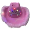 Chapeaux à bord large cow-girl rose pour femmes vache fille avec diadème couche de cou tirage en feutre de cowboy accessoires de fête de fête 1207742