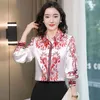 Damskie topy Silk Button Up Shirt Spring Satin Drukowane Z Długim Rękawem Top Women Bluzka i wierzchołki 210512