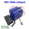 Waterdichte 60v 20Ah Lifepo4 accu met bms lithium-ijzer batterij Elektrische Fiets scooter motor batterij + 3A lader