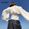 Foridol 랜턴 슬리브 화이트 블라우스 탑 V 넥 버튼 자르기 봄 가을 프랑스 스타일 캐주얼 셔츠 2021 여성의 블라우스