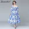 Mode Holiday Blue and White Porslin Tryckt sommar Kvinnor Sexig Bow Tie Strapghetti Strap Elastic Midi Dress 210416