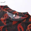 Sexy Black Mesh Kurzarm Crop Tops Frauen Streetwear Red Fire Gedruckt Transparent T Shirts 2022 Harajuku O Neck Tees Kleidung frauen T-S