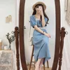 Algodão e linho vestido de verão coreano manga curta sólida médio-comprimento es mulheres vintage maxi vestidos 8943 50 210508
