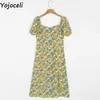 Yojoceli Impressão Vintage Long Split Dres Verão Ruffles Lápis Casuais Boho Beach Midi Vestidos 210609