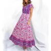 Foridol Bohemian Floral Print Maxi Długa sukienka Kobiety V Neck Wzór Guzik Plaża Letnia Dress Purple Boho Wakacje Dress 210415