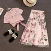 Robe de deux pièces femmes imprimer rose ensemble 2021 printemps été mode bandage croix chemisiers en coton hauts et longues jupes midi a-ligne costume