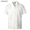 Embroidery Floral Solid Summer Mens Shirt Casual Lapel Button Short Sleeve Shirts for Men Cuban Camp Guayabera Chemise Homme 2XL 210524