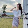 Damesblouses dames shirts vrouwen zomer elegante puff mouw zoete snoepkleur v-hals Koreaanse stijl gewas blouse mode all-match