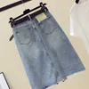 LY VAREY LIN Frühling Sommer Frauen Unregelmäßige Denim Röcke mit Gürtel Hohe Taille Mittlere Länge Split Casual Cowboy 210526