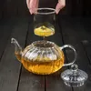 600ml Striped pumpkin shape flower teapot Glass Teapot with Infuser Tea Leaf Herbal Heat Resistant Pot Flower TeaCup 210813