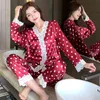 Pajamas women's silk thin section summer printing red love long-sleeved loose imitation two-piece home service 210520