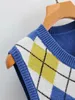 Preppy Style Blue Argyle Plaid Knitting Sweater Vest Women 90's Vintage Korean Clothing V Neck Crop Top Tank Top Y2K Knitwear 210429