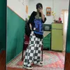 Houzhou Cargo xadrez Calças Mulheres Hippie Harajuku Y2K Sobre oversize Solicento Verificado Calças Feminino Streetwear Pé largo Moda Coreana 211216