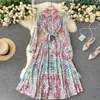 Women's Runway Floral Print Maxi Dress Fashion Spring Autumn Full Sleeve Buttons Sash Lace-up Casual Holidays Long 210603