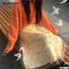 Verão elegante chiffon malha retalhos saias para mulheres amarelo floral bordado doce cintura alta coreana chic tulle 210520