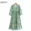 Kobiety Vintage V Neck Flower Print Casual Loose Midi Sukienka Kobieta Trzy Dzielnica Rękawów Vestido Chic Plees Sukienki DS4411 210420