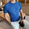 Lato Krótki rękaw T Shirt Mężczyźni Solid Color Dzianiny O-Neck Tops Tees Streetwear Slim Fit Casual T-shirt Ice Silk Oddychający 210527