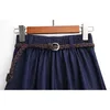 Surmiitro vår sommar blå denim kjol kvinnor med bälte knä längd A-line hög midja solskola jeans midi kjol kvinna 210712
