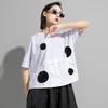 [EAM] Women White Big Size Spliced Dots Button Back Long T-shirt Round Neck Short Sleeve Fashion Spring Summer 1DD8082 21512