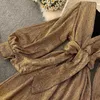Sonbahar Moda Seksi Kadınlar V Boyun Uzun Fener Kollu Altın Glitter Zarif Bayanlar Noel Partisi Elbise Vestidos 210603