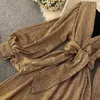 Autumn Fashion Sexy Women V Neck Long Lantern Sleeve Golden Glitter Elegant Ladies Christmas Party Dress Vestidos 210603