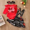 Kinder Kleidung Sets Mädchen Valentinstag Outfits Infant Flying Sleeve Strampler Tops + Buchstabe Strap Kleid + Stirnband 3 Teile / Sets Frühling Herbst Mode Baby Kleidung